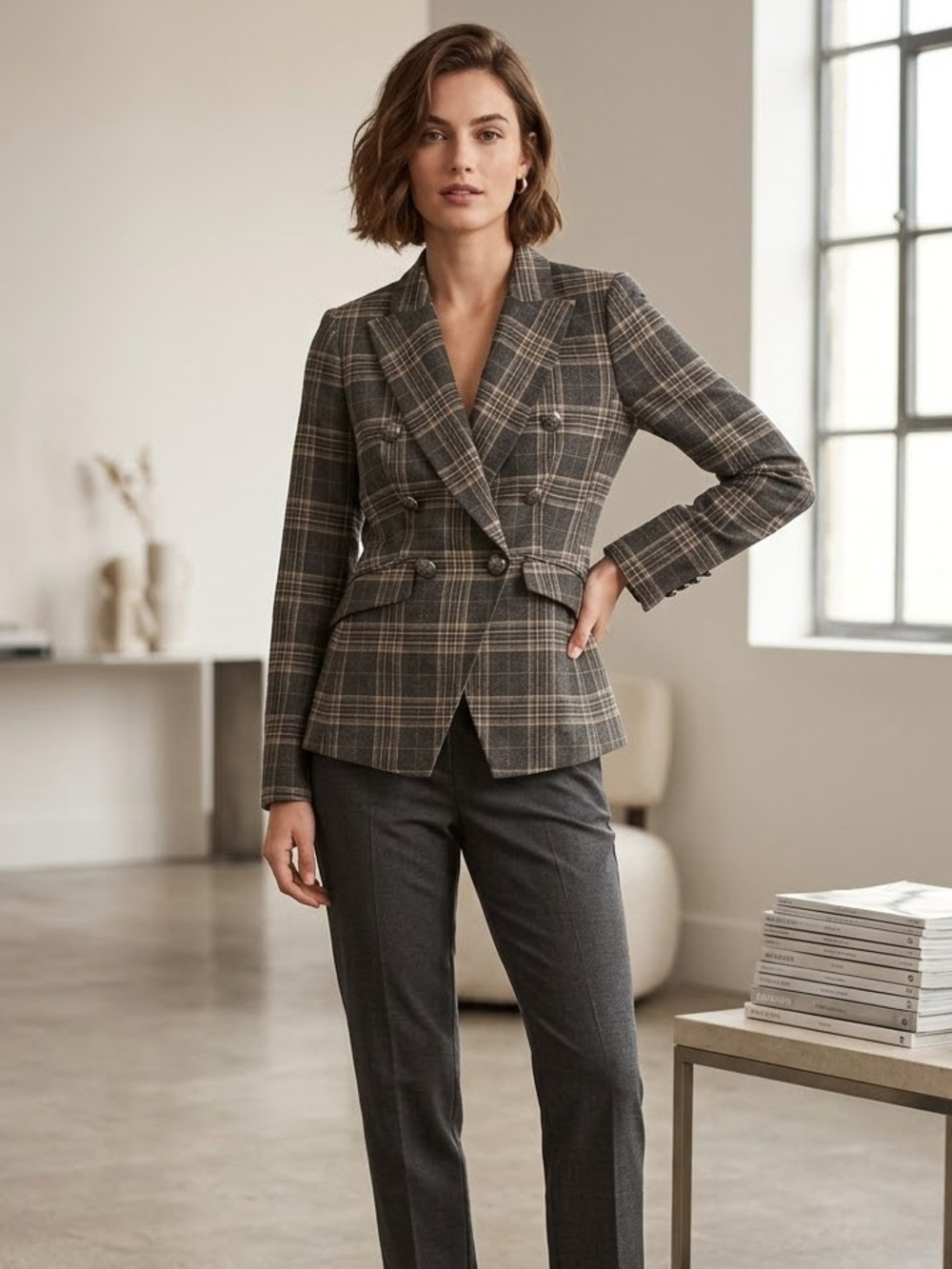 Banana Republic double breasted plaid corporate chic blazer size 4
